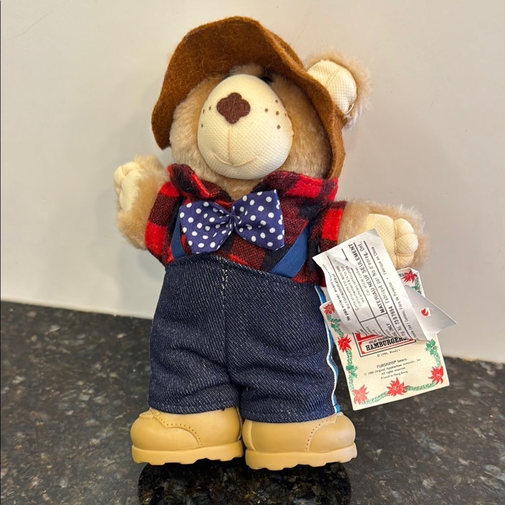 Vintage Wendy's Furskins Teddy Bear 1986 Plush Toy Christmas Farmer with 7”.